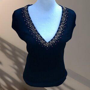Dana Buchman Black Beaded Embellished V-Neck Cap/Short Sleeve Sweater Top (Sz M)